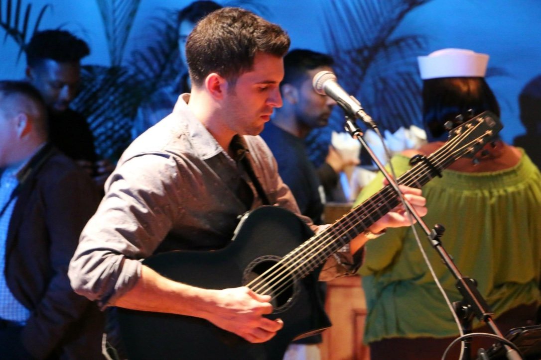 Naples, FL corporate event singer-guitarist James Grande performing live at the Carnival Vista unveiling, Lincoln Center, NYC